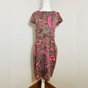 Boden Midi Dress Sz 8L Green/pink Floral Side‎ Zip Short Sleeves Casual